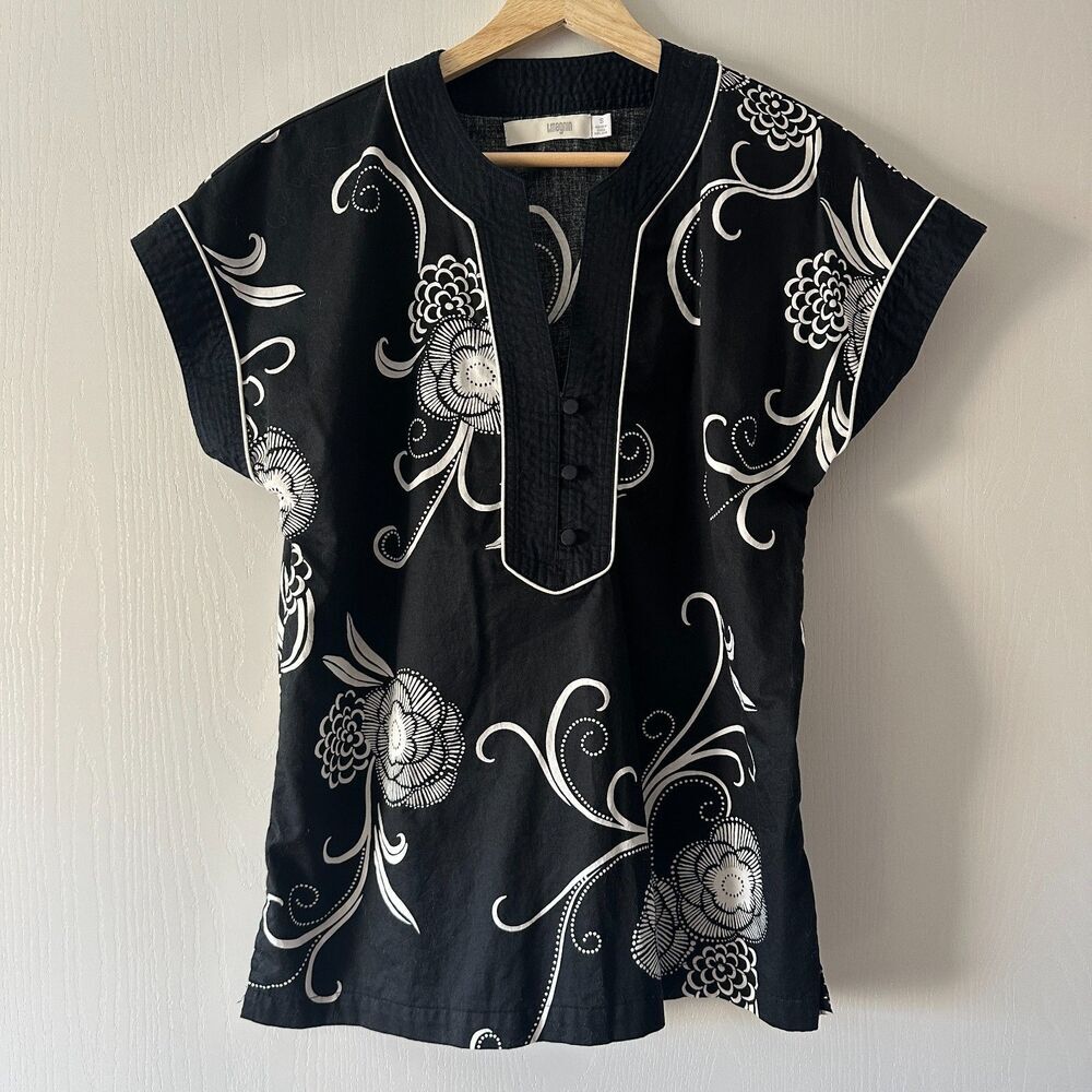 Vintage I. Magnin Womens Floral Tunic Top Button Placket Cap Sleeve Black Small‎